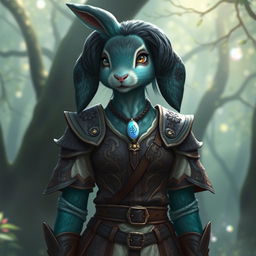 A humanoid highly feminine female rabbit cleric with sea green fur featuring an exquisite black ombre fade on her arms, legs, and ears