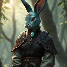 A humanoid highly feminine female rabbit cleric with sea green fur featuring an exquisite black ombre fade on her arms, legs, and ears