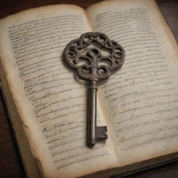 An intricately designed, antique key placed gently on top of a well-aged demonology book with visible signs of wear and distinct Gothic lettering