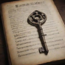 An intricately designed, antique key placed gently on top of a well-aged demonology book with visible signs of wear and distinct Gothic lettering