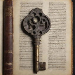 An intricately designed, antique key placed gently on top of a well-aged demonology book with visible signs of wear and distinct Gothic lettering