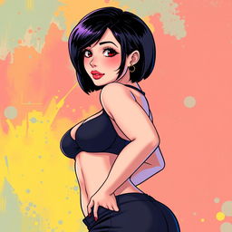 An anime-style illustration of an attractive adult woman in her 30s, featuring a voluptuous figure with a curvy silhouette, prominently showcasing a big ass and beautiful breasts