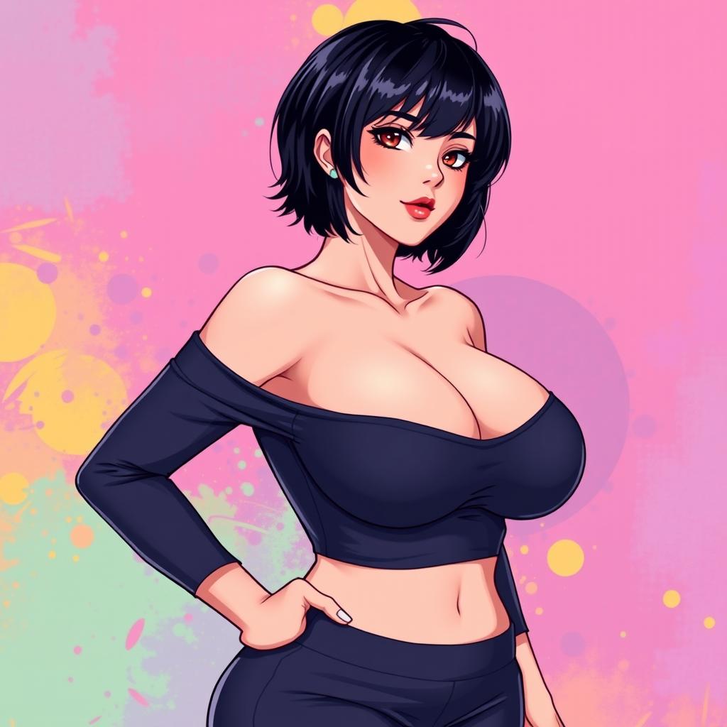 An anime-style illustration of an attractive adult woman in her 30s, featuring a voluptuous figure with a curvy silhouette, prominently showcasing a big ass and beautiful breasts