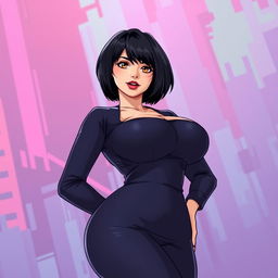 An anime-style illustration of an attractive adult woman in her 30s, featuring a voluptuous figure with a curvy silhouette, prominently showcasing a big ass and beautiful breasts