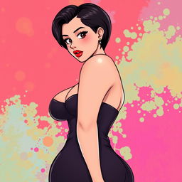 An anime-style illustration of an attractive adult woman in her 30s, featuring a voluptuous figure with a curvy silhouette, prominently showcasing a big ass and beautiful breasts
