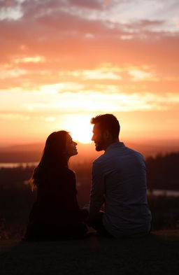 A romantic couple sitting together, deeply in love, silhouetted against a stunning sunset