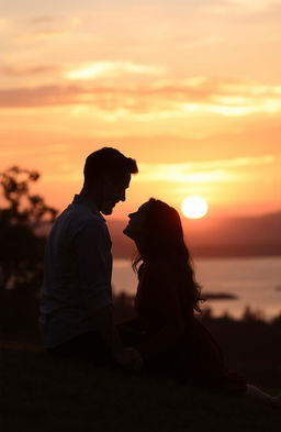 A romantic couple sitting together, deeply in love, silhouetted against a stunning sunset