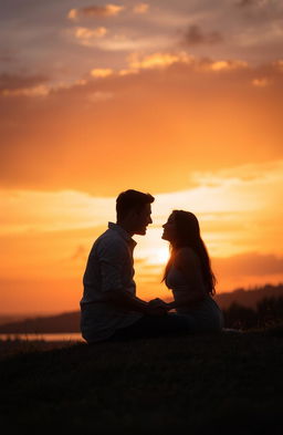 A romantic couple sitting together, deeply in love, silhouetted against a stunning sunset