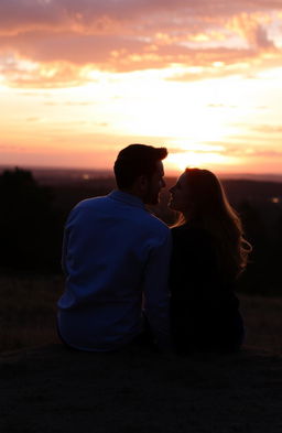 A romantic couple sitting together, deeply in love, silhouetted against a stunning sunset