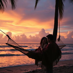 A serene sunset at a tropical beach, featuring soft waves gently lapping against the shore