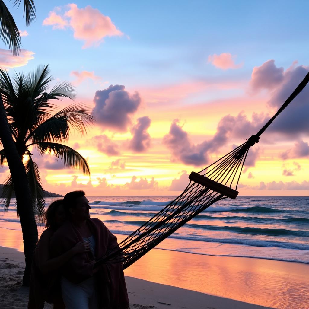 A serene sunset at a tropical beach, featuring soft waves gently lapping against the shore