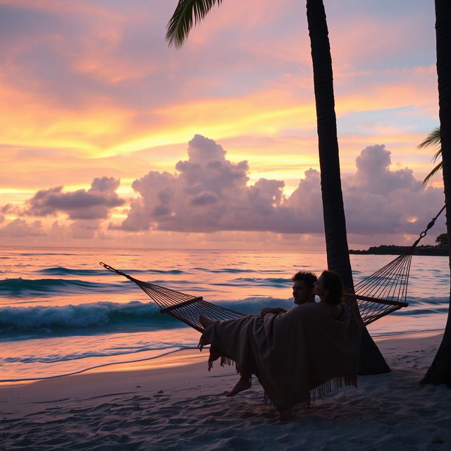 A serene sunset at a tropical beach, featuring soft waves gently lapping against the shore