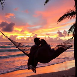 A serene sunset at a tropical beach, featuring soft waves gently lapping against the shore