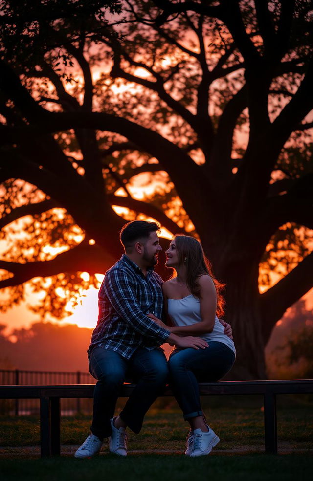 A romantic scene featuring a couple in love, gazing into each other’s eyes while sitting closely together on a bench under a sprawling tree