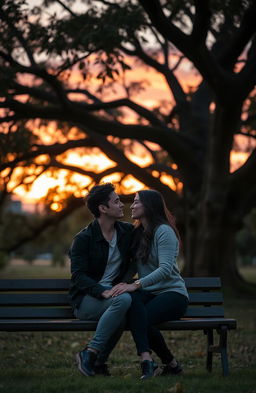 A romantic scene featuring a couple in love, gazing into each other’s eyes while sitting closely together on a bench under a sprawling tree