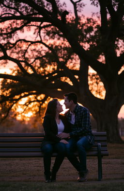 A romantic scene featuring a couple in love, gazing into each other’s eyes while sitting closely together on a bench under a sprawling tree