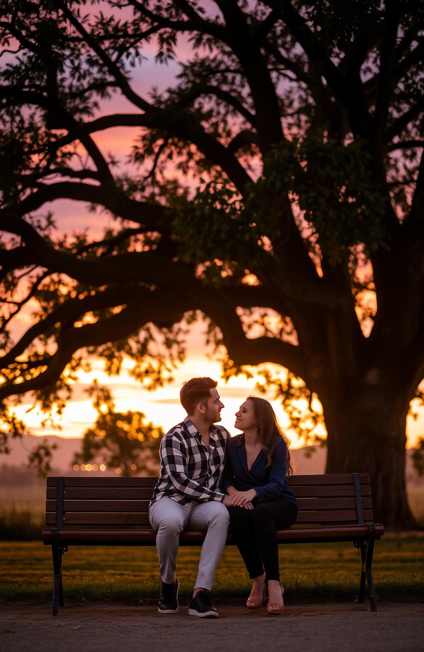 A romantic scene featuring a couple in love, gazing into each other’s eyes while sitting closely together on a bench under a sprawling tree