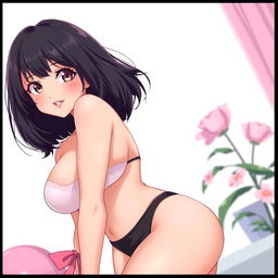 An anime-style illustration of an attractive woman with short black hair, embodying a confident and alluring demeanor