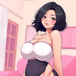 An anime-style illustration of an attractive woman with short black hair, embodying a confident and alluring demeanor