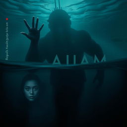 A haunting underwater scene where a shadowy silhouette of a monstrous creature looms ominously in the background