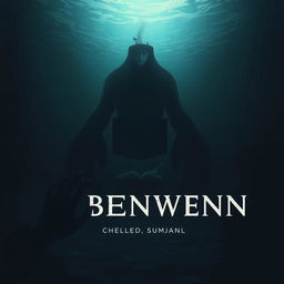 A haunting underwater scene where a shadowy silhouette of a monstrous creature looms ominously in the background