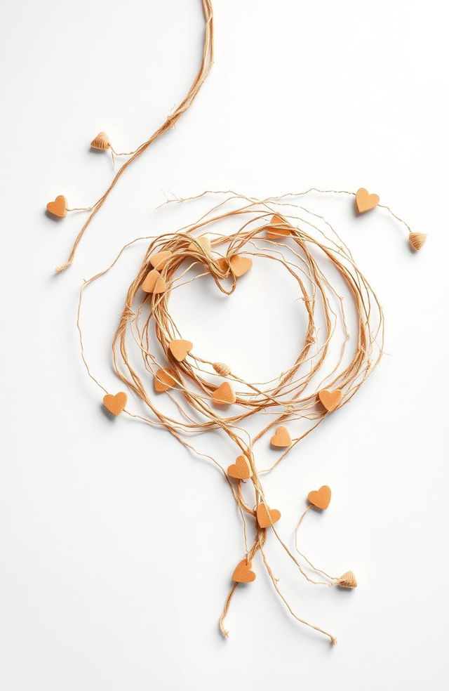 A beautifully broken romantic string, artistically displaying frayed and delicate pieces of twine intertwined in a loose spiral