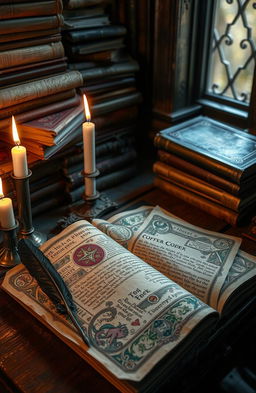 An intricate and mystical codex titled "The Offer Codex" lies open on an ancient wooden table