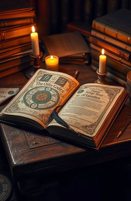 An intricate and mystical codex titled "The Offer Codex" lies open on an ancient wooden table