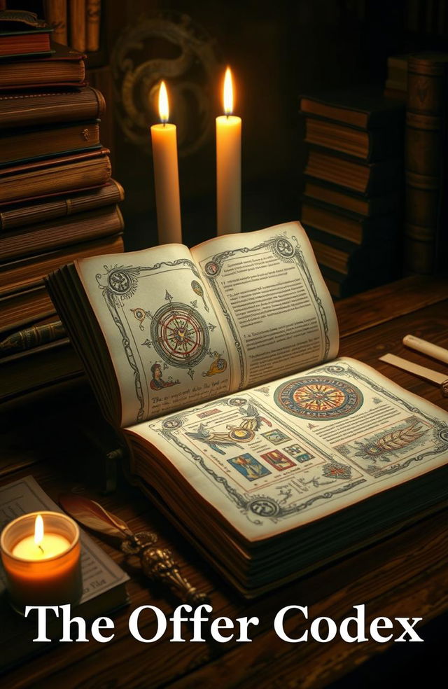 An intricate and mystical codex titled "The Offer Codex" lies open on an ancient wooden table