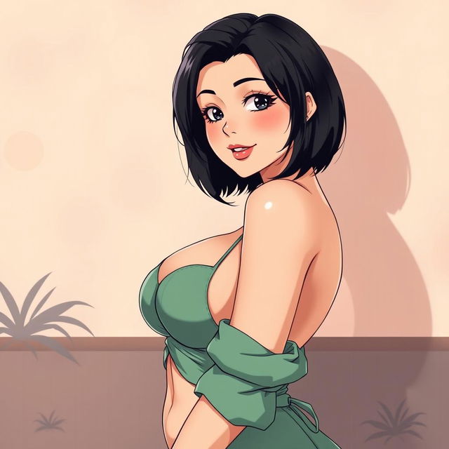 An anime-style illustration featuring a confident, voluptuous woman in her thirties, characterized by a big ass and beautiful, well-rounded breasts