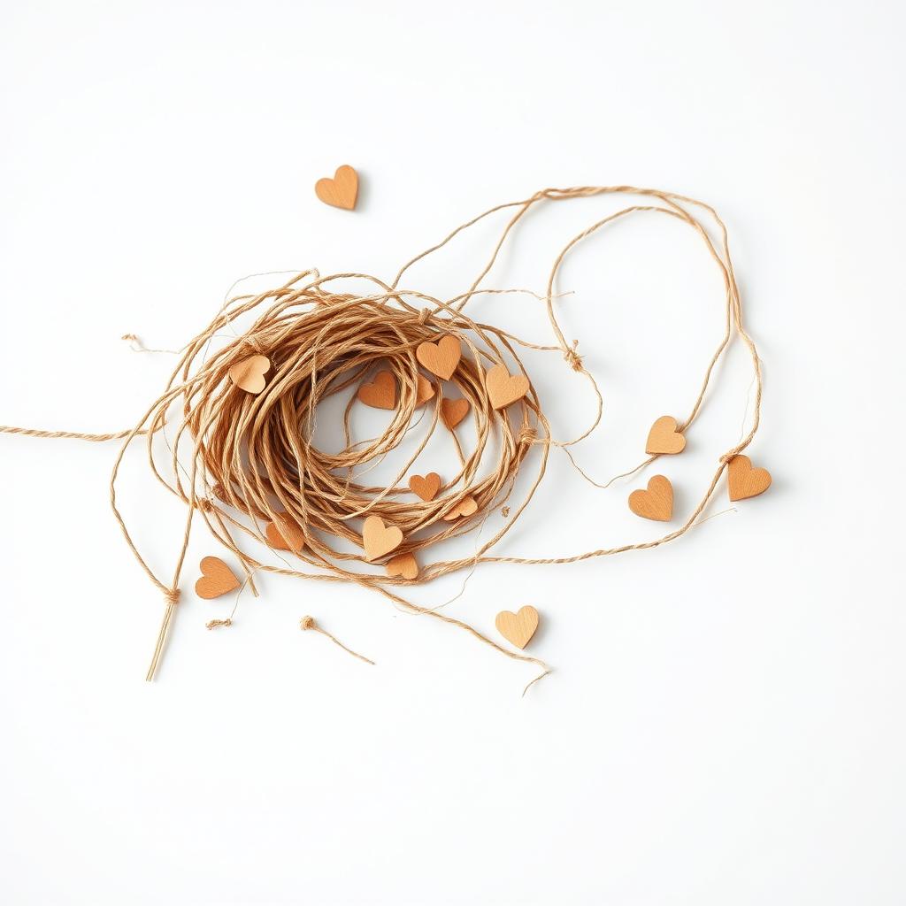 A beautifully broken romantic string, artistically displaying frayed and delicate pieces of twine intertwined in a loose spiral