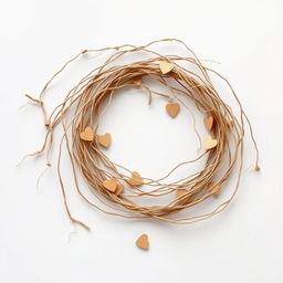 A beautifully broken romantic string, artistically displaying frayed and delicate pieces of twine intertwined in a loose spiral
