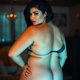 A voluptuous, attractive woman in her 30s, showcasing a curvy figure with a big butt and beautiful breasts, dressed in a sensual and alluring pose
