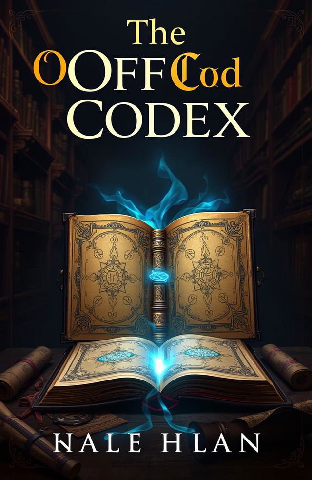 A visually striking book cover design for 'The Offer Codex', featuring an ancient, ornate codex book opened to reveal glowing mystical symbols and sharing light