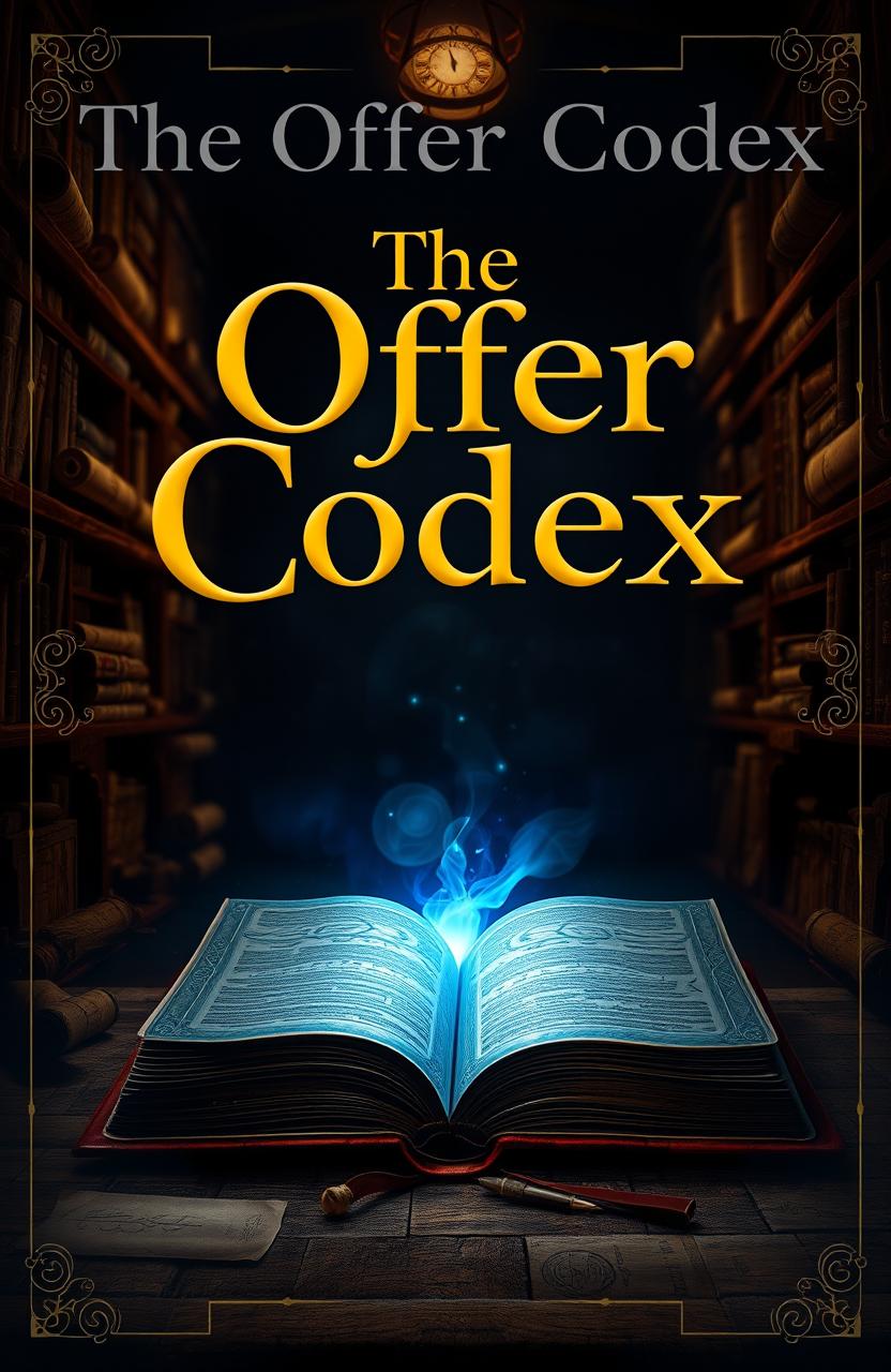 A visually striking book cover design for 'The Offer Codex', featuring an ancient, ornate codex book opened to reveal glowing mystical symbols and sharing light