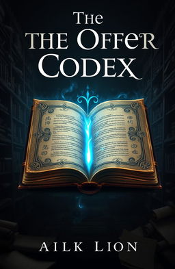 A visually striking book cover design for 'The Offer Codex', featuring an ancient, ornate codex book opened to reveal glowing mystical symbols and sharing light