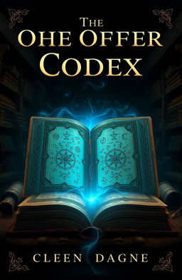 A visually striking book cover design for 'The Offer Codex', featuring an ancient, ornate codex book opened to reveal glowing mystical symbols and sharing light