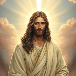 A magnificent artistic interpretation of Jesus Christ, depicted in a serene and peaceful setting