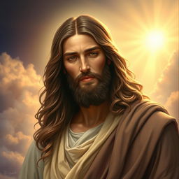 A magnificent artistic interpretation of Jesus Christ, depicted in a serene and peaceful setting