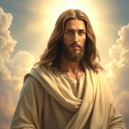 A magnificent artistic interpretation of Jesus Christ, depicted in a serene and peaceful setting