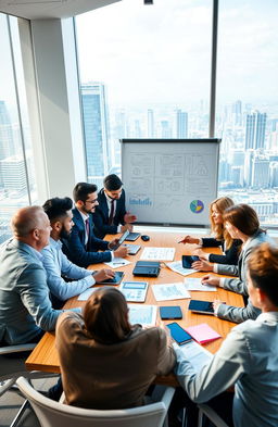 A powerful and inspiring scene depicting a diverse team of business leaders engaged in a strategy meeting around a conference table