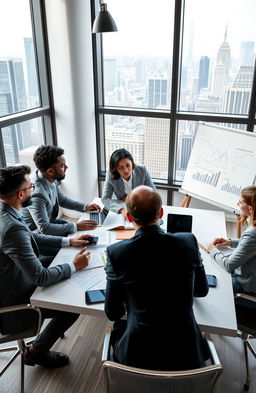 A powerful and inspiring scene depicting a diverse team of business leaders engaged in a strategy meeting around a conference table