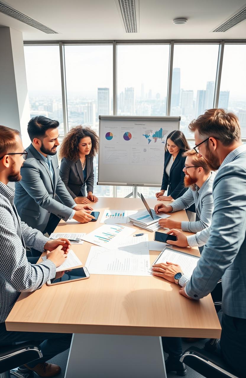 A powerful and inspiring scene depicting a diverse team of business leaders engaged in a strategy meeting around a conference table