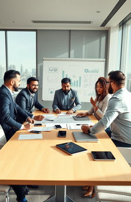 A powerful and inspiring scene depicting a diverse team of business leaders engaged in a strategy meeting around a conference table