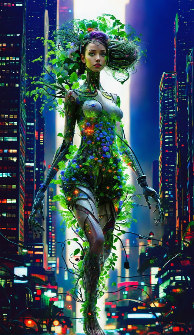 A techno-organic woman in a cyber-organic city, her body a fusion of glass, plants, and robotics. Her hair is made up of long flower vines. She is connected to the surrounding urban ecosystem through robotic tendrils. The image is an ultra-detailed HD professional photograph.