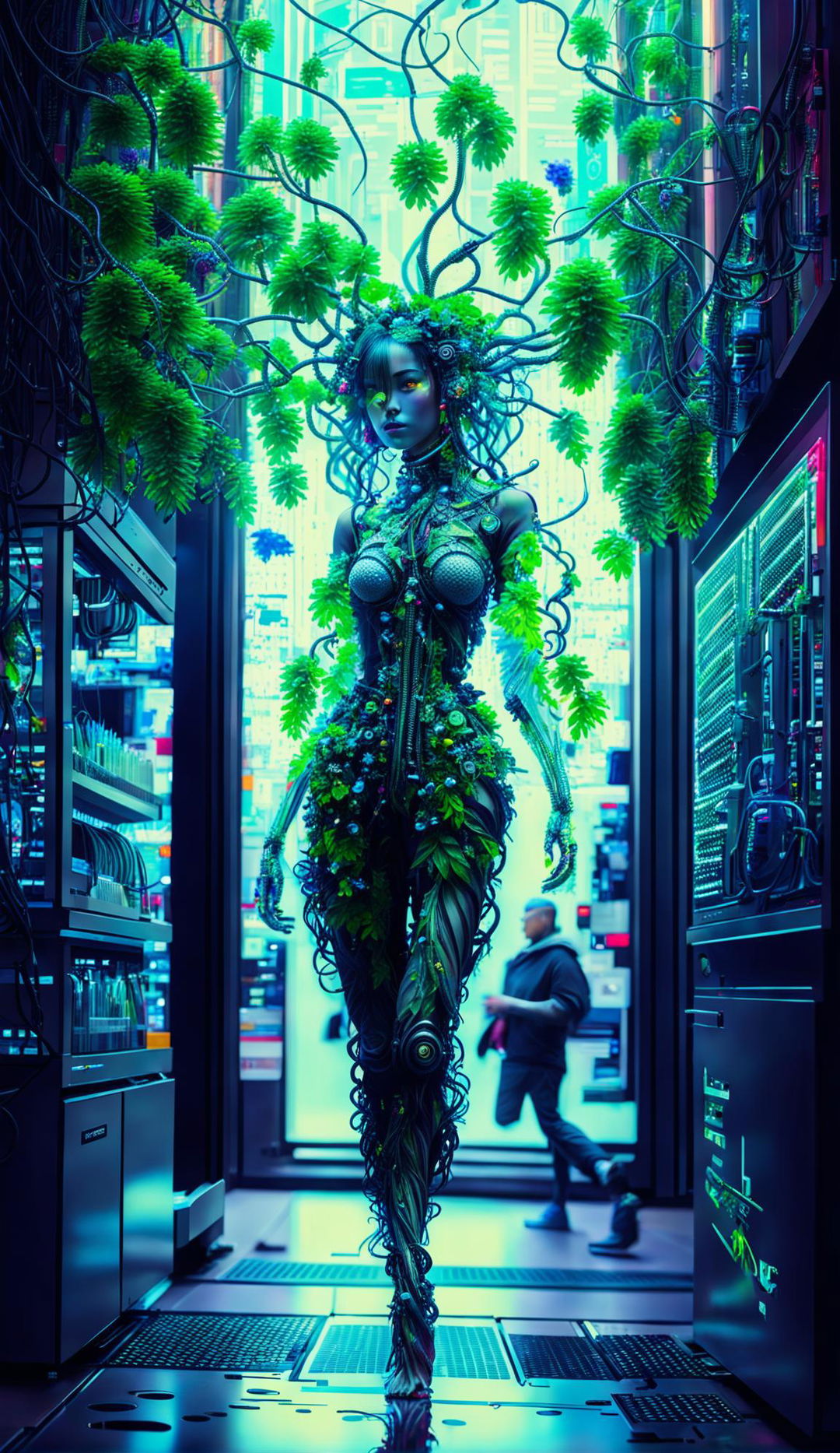 A techno-organic woman with long flower vines for hair walking into an electronic shop in a cyber-organic city. Her body is a fusion of glass, plants, and robotics. The image is an ultra-detailed HD professional photograph.