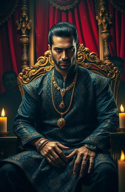 A dramatic portrait of Deva, the infamous king of India's underworld, sitting on a lavish throne in a dimly lit, opulent palace