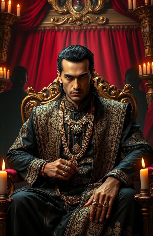 A dramatic portrait of Deva, the infamous king of India's underworld, sitting on a lavish throne in a dimly lit, opulent palace