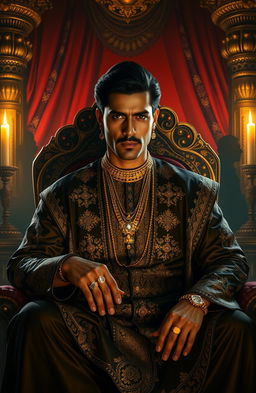A dramatic portrait of Deva, the infamous king of India's underworld, sitting on a lavish throne in a dimly lit, opulent palace
