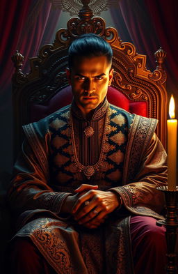 A dramatic portrait of Deva, the infamous king of India's underworld, sitting on a lavish throne in a dimly lit, opulent palace